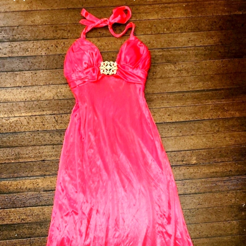 Cache'  Vintage Y2k Coral Pink Rhinestone Halter Maxi Gown